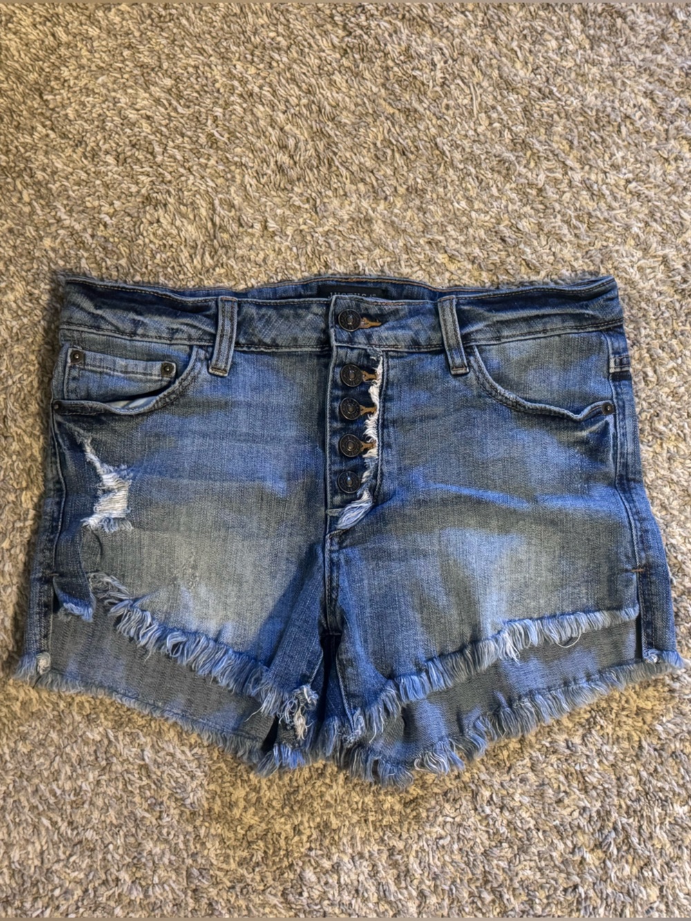 Just USA Distressed Button-Fly Denim Shorts - Blue